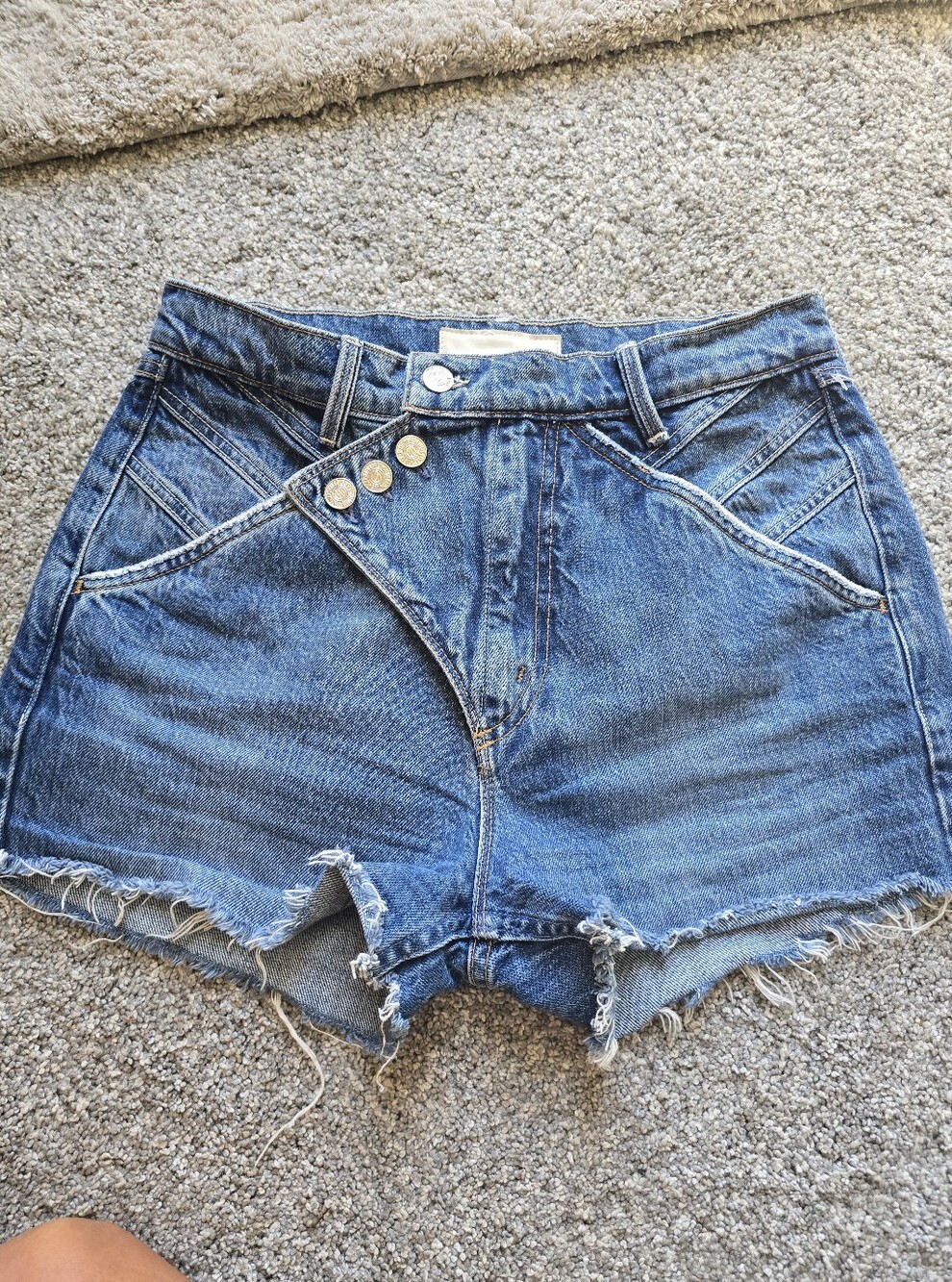MOTHER Blue High-Rise Asymmetrical Button Denim Shorts